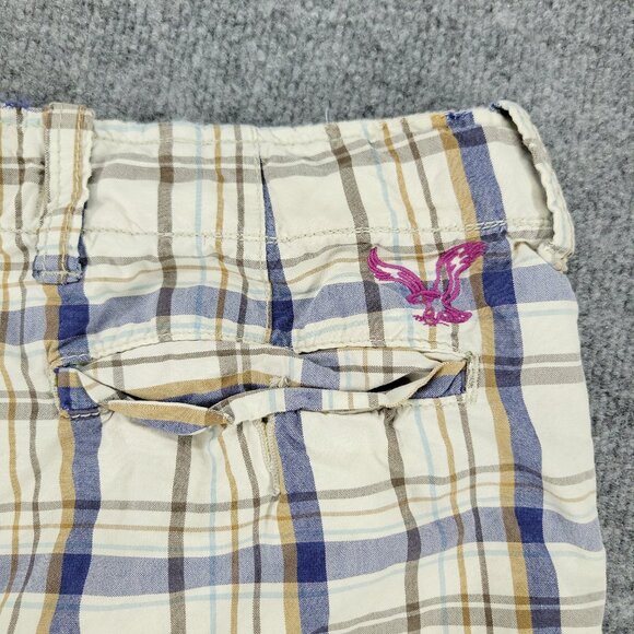 American Eagle Shorts Men's Size 36 Beige Plaid Chino Embroidered Logo Pockets - Picture 11 of 16